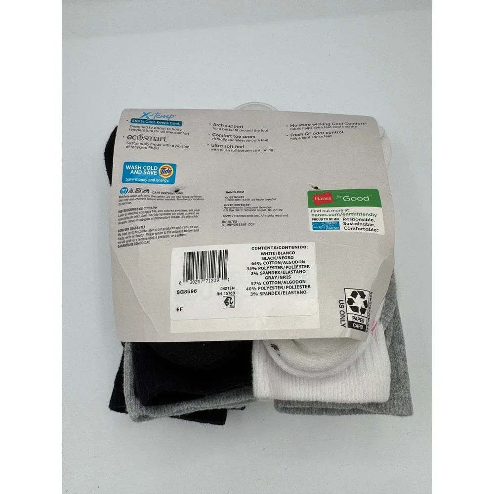 Hanes Womens 6 Pair X-Temp Cushioned Crew Socks White Black Grey Size 5-9 SG8596